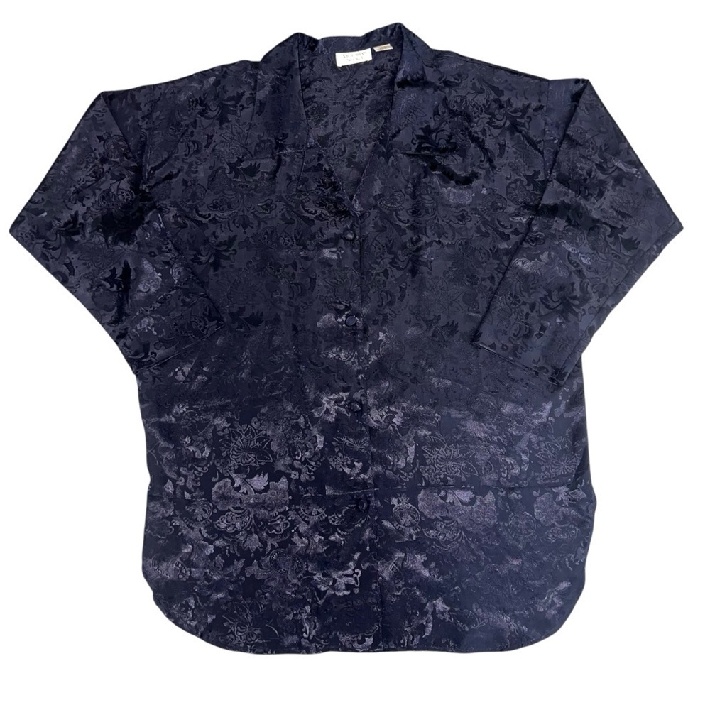 Vintage Victoria's Secret Gold Label Navy Blue Jacquard Floral Nightie M L Sexy